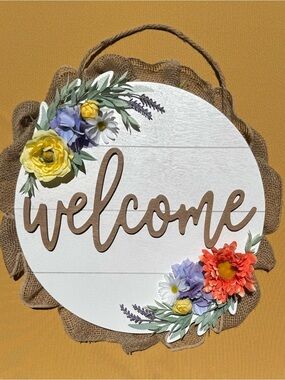 Welcome Floral Summer Boho Rustic Farmhouse Front Door Entryway Wall Sign